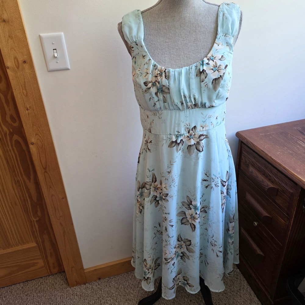 Dressbarn Floral Midi Dress Blue Chiffon Soft Girl Coquette Kawaii Size 12